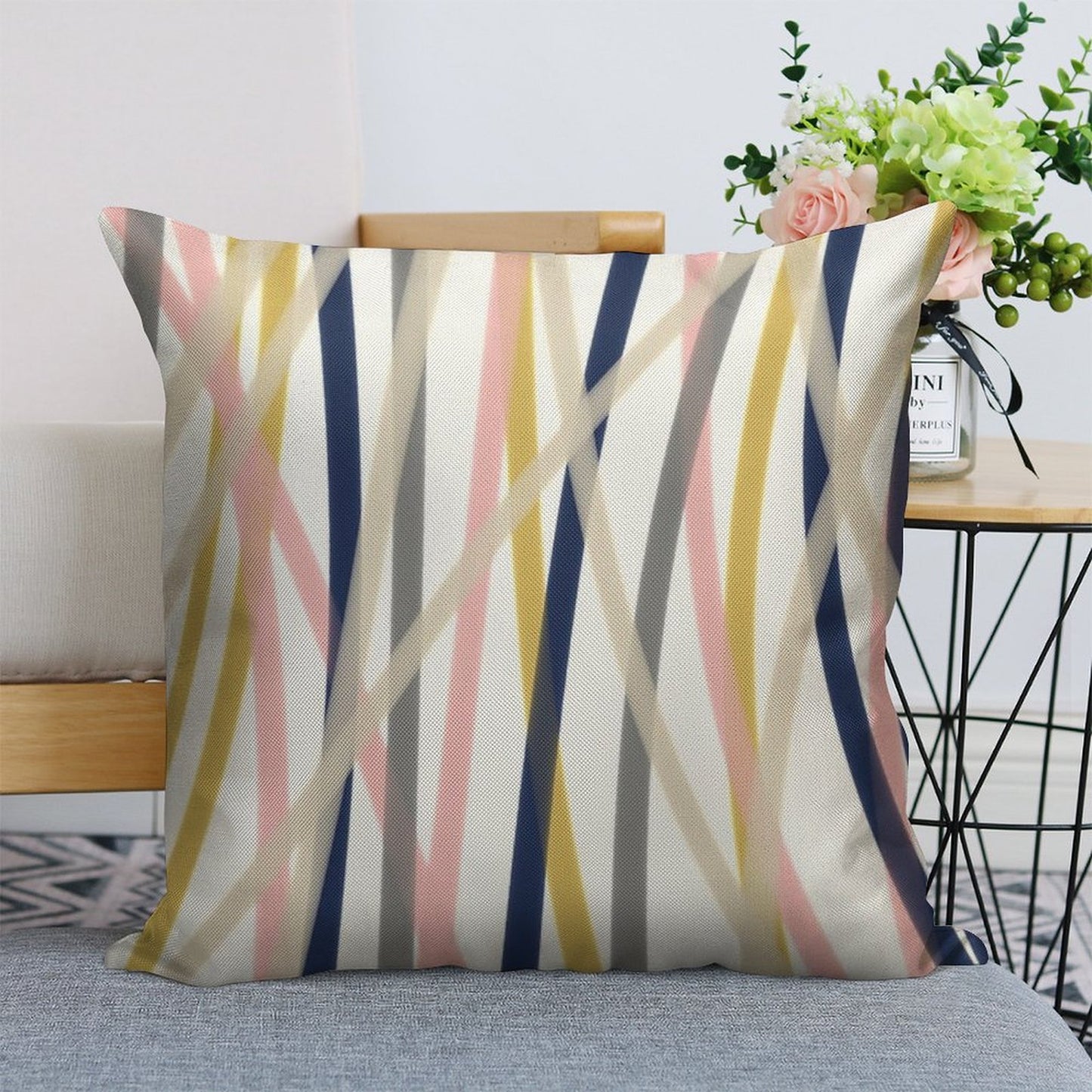Ribbon Abstract in Mustard Yellow, Blush Pink, Navy Blue, Grey, Almond, And White. Minimalist Modern Linen Throw Pillow Cover