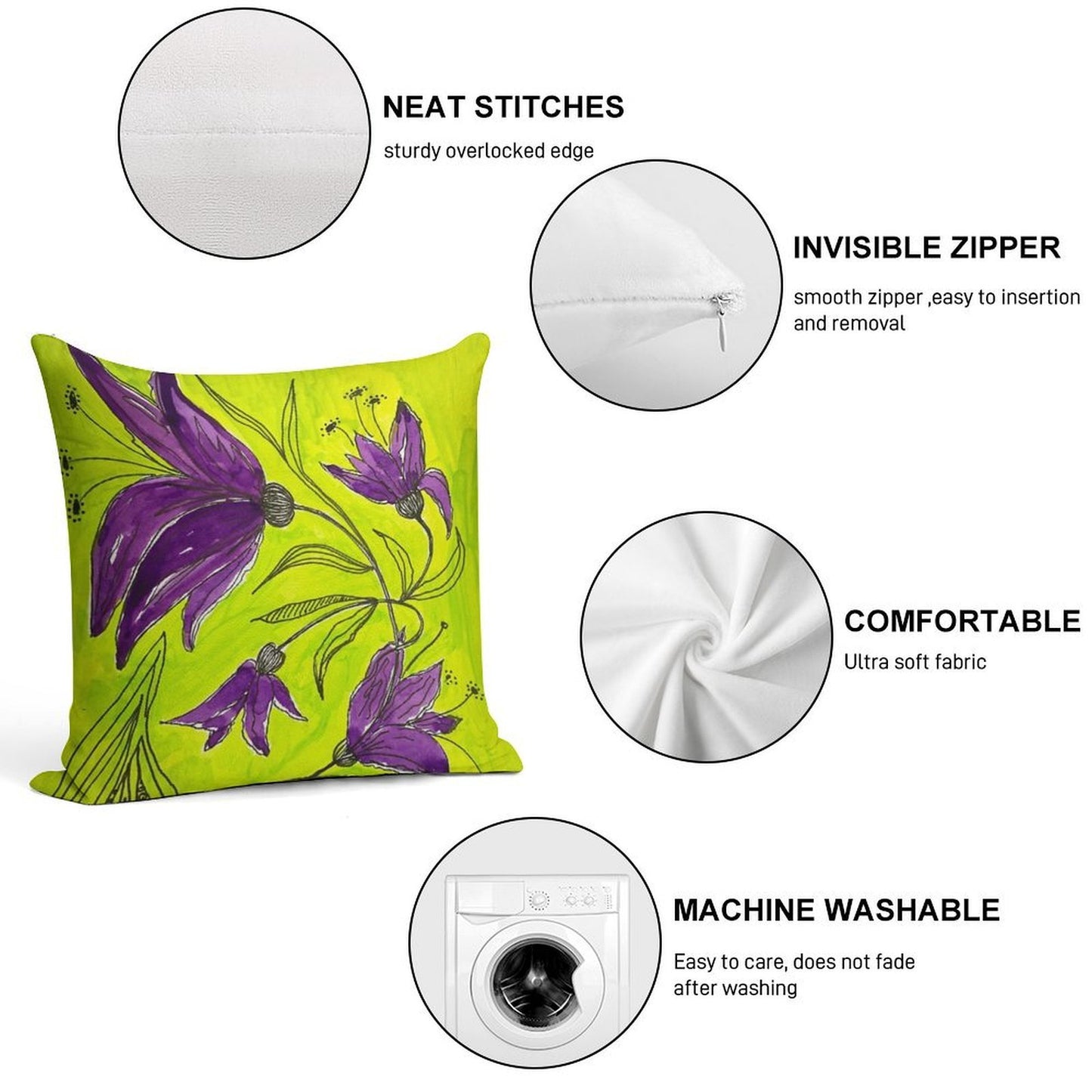 Botanical Lime Green And Purple Soft Easy Maintenance Throw Pillow