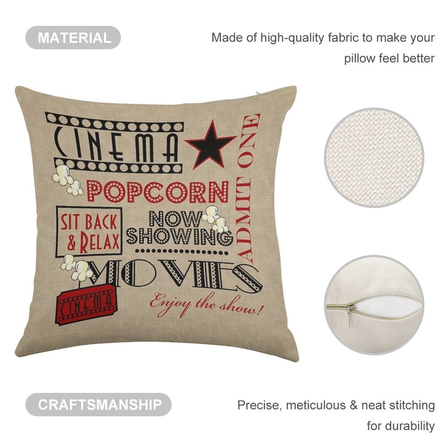 Movie Theater Cinema Admit One Ticket Pillow-Red Linen Throw Pillow Cover