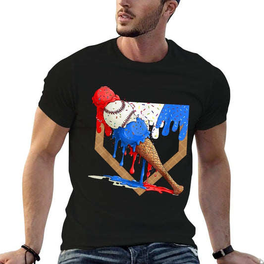 4th of July Red White And Blue Baseball Ice Cream Drip Boys  Oversized Silhouette T-Shirt