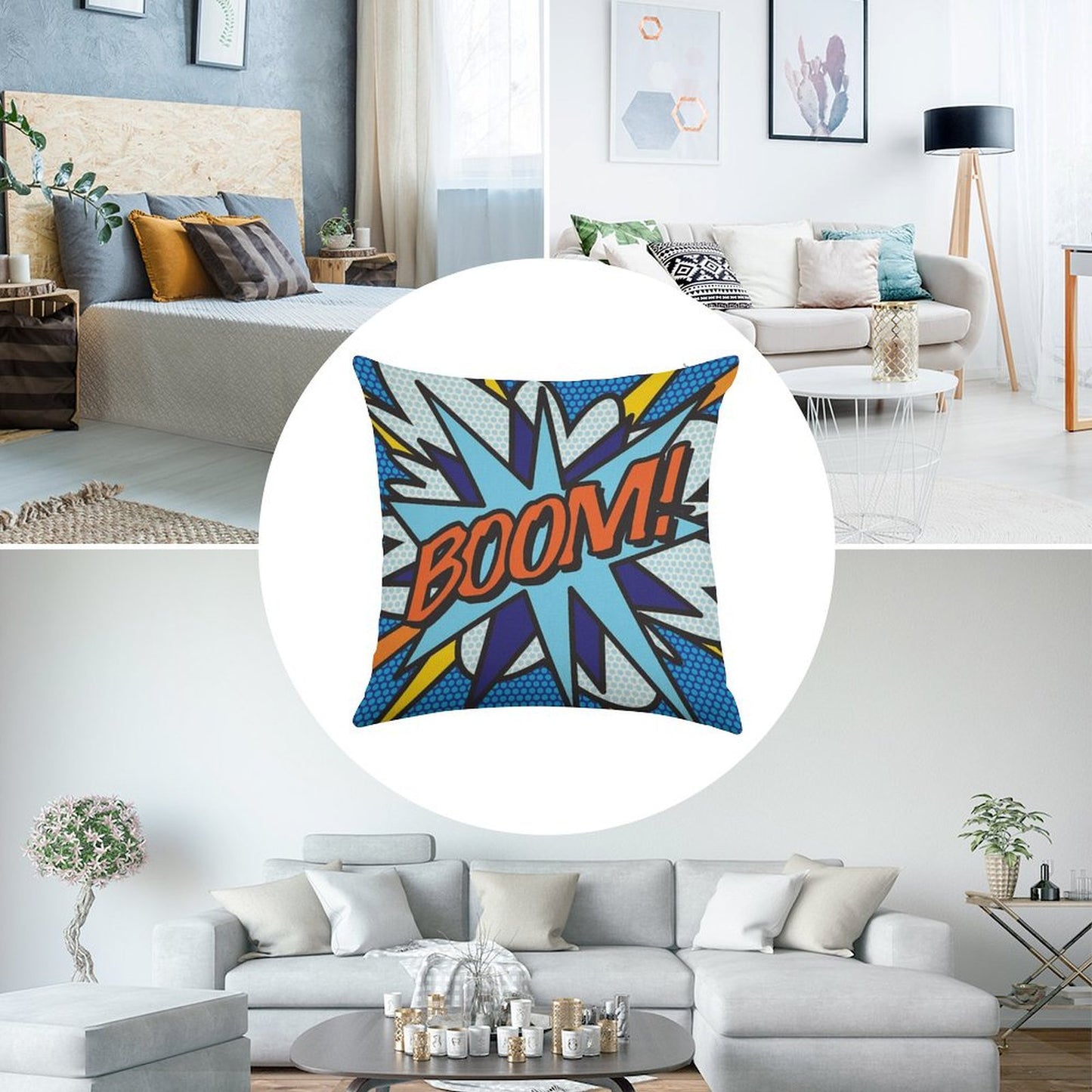 BOOM Comic Book Pop Art Modern Fun Retro Linen Throw Pillow Cover