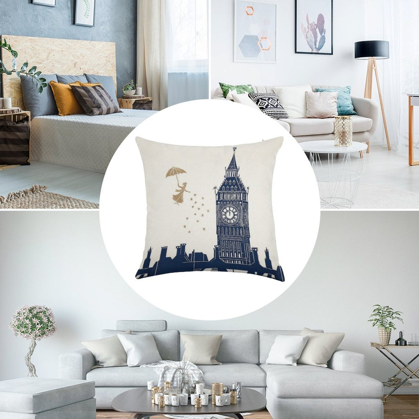 Mary Poppins And Big Ben Linocut Linen Throw Pillow Cover