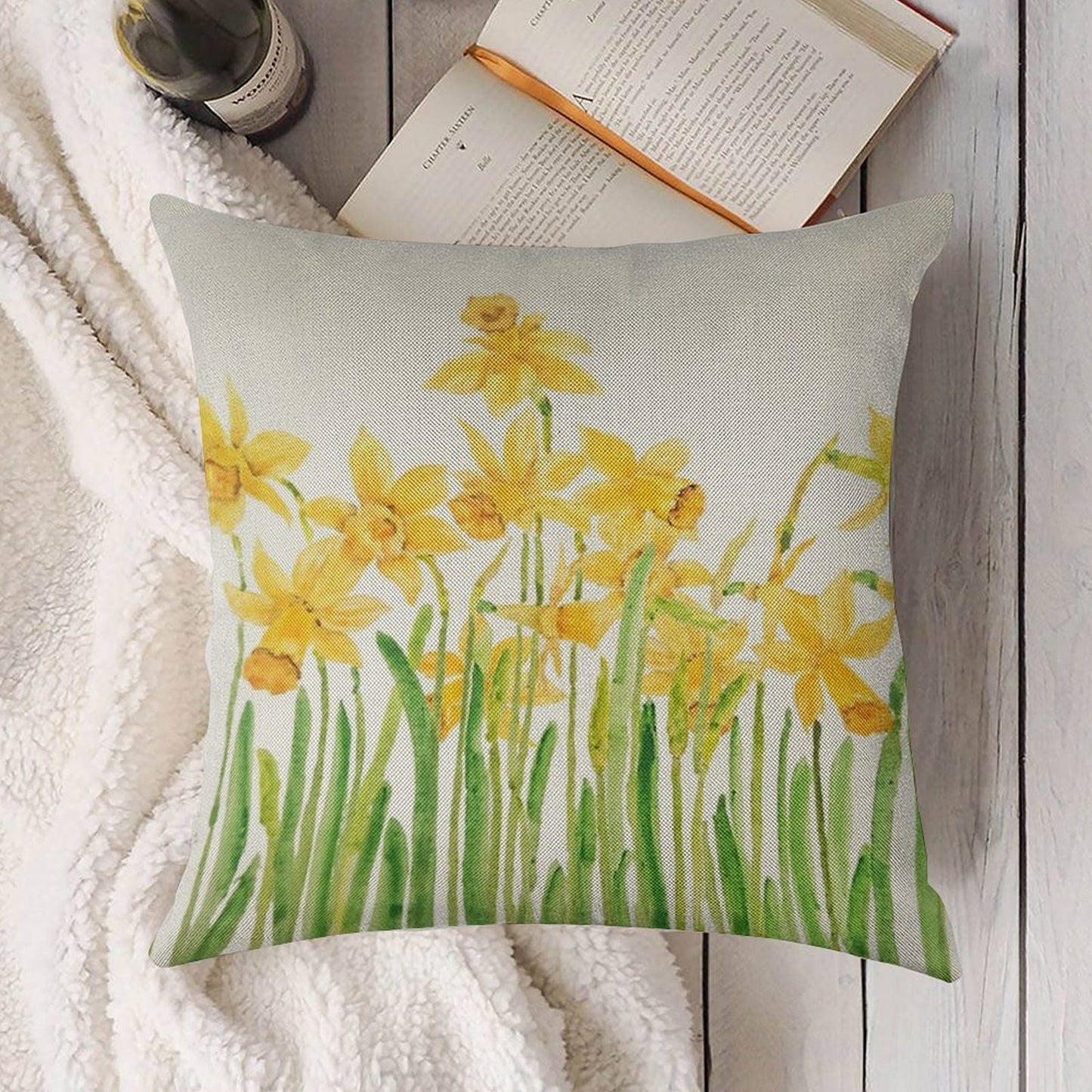 Hand Painted Yellow Daffodils Field Watercolor Linen Throw Pillow Cover