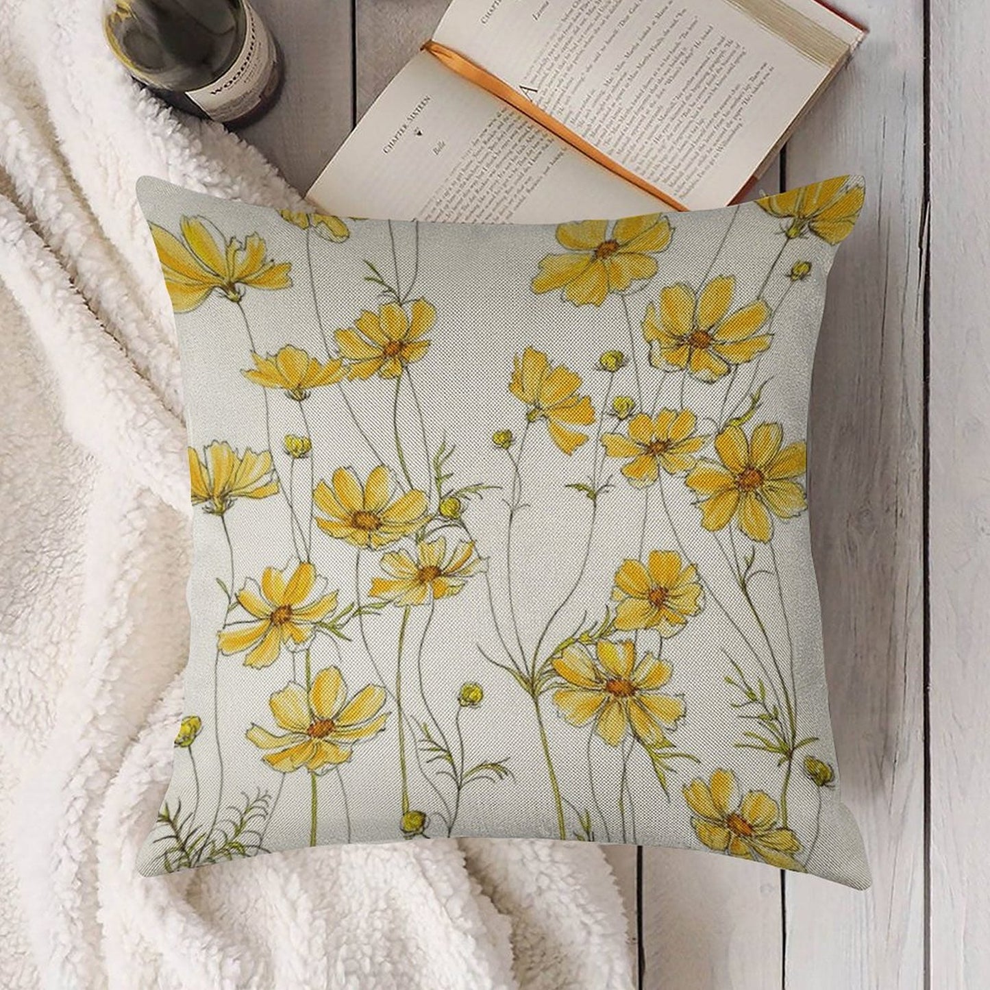 Yellow Cosmos Flowers Linen Throw Pillow Cover