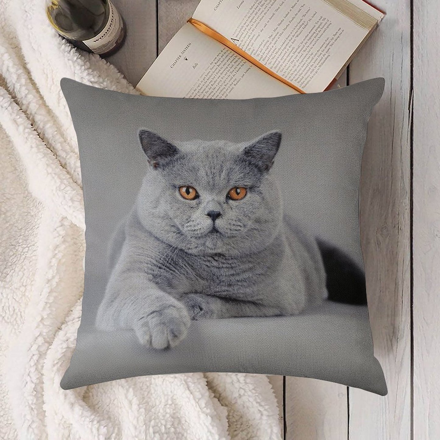 British Shorthair Cat Portrait Linen Throw Pillow Cover