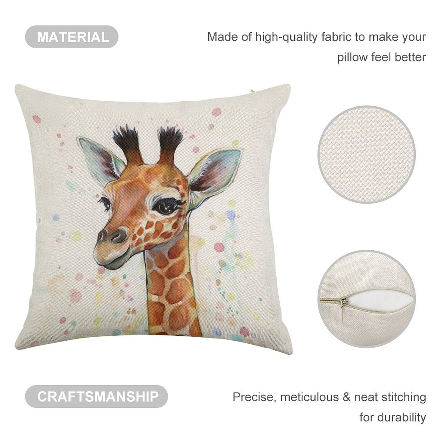 Baby Giraffe Watercolor Painting, Nursery Art Linen Throw Pillow Cover