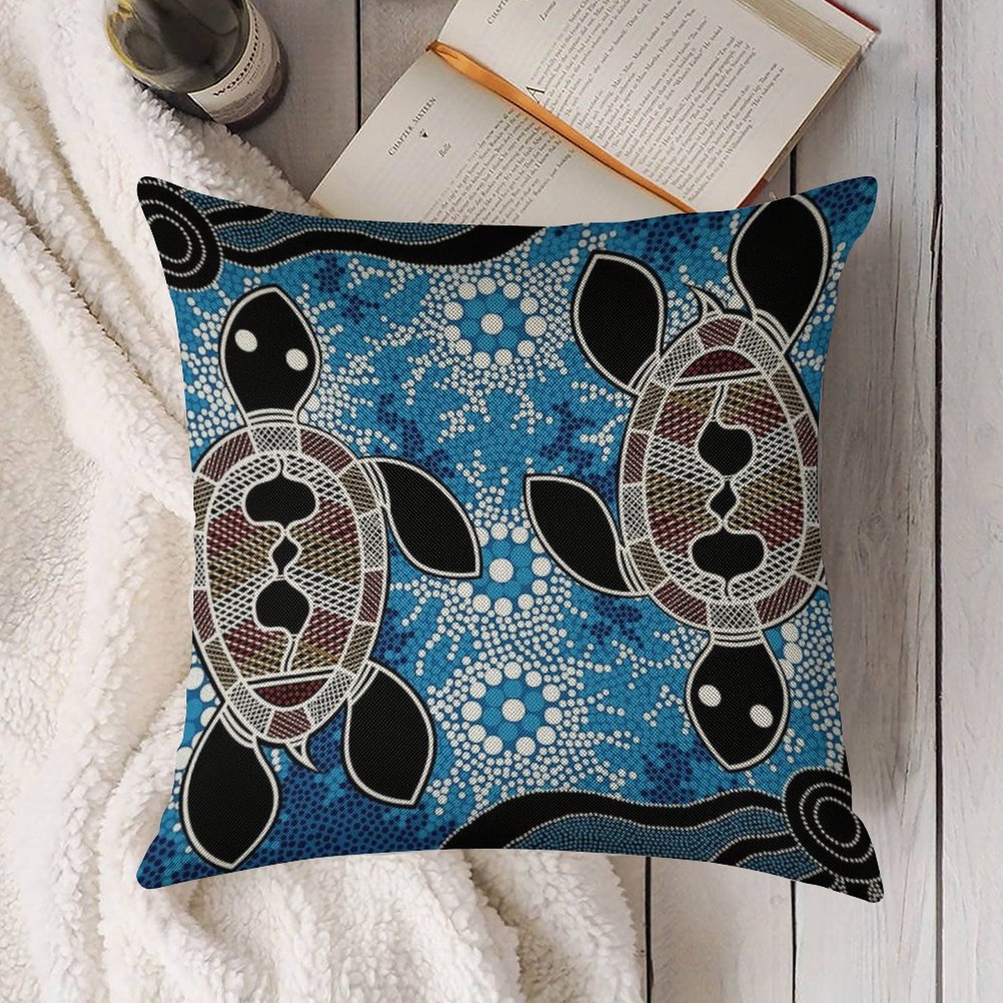 Authentic Aboriginal Art - Sea Turtles Linen Throw Pillow Cover