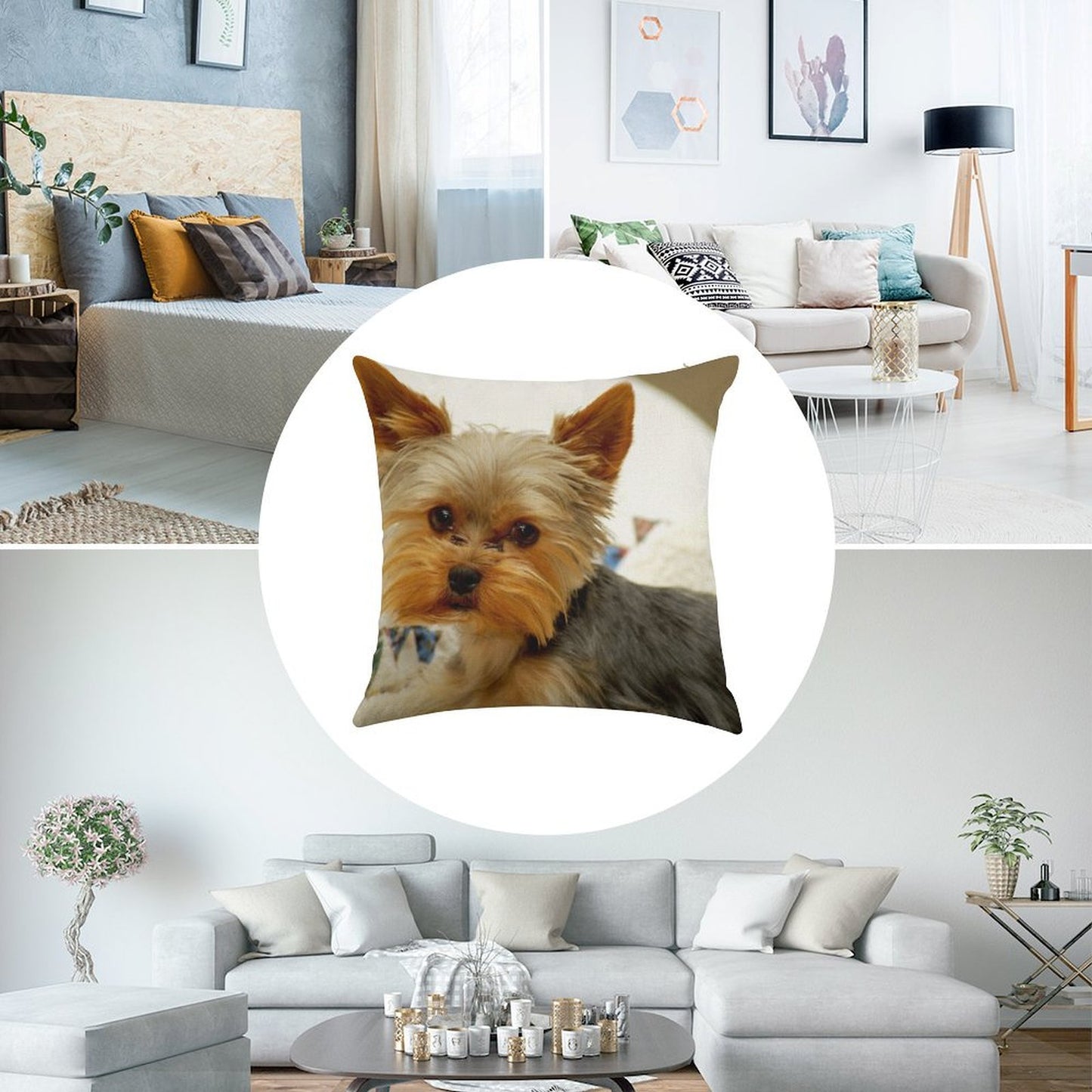 Yorkie in Bed Linen Throw Pillow Cover