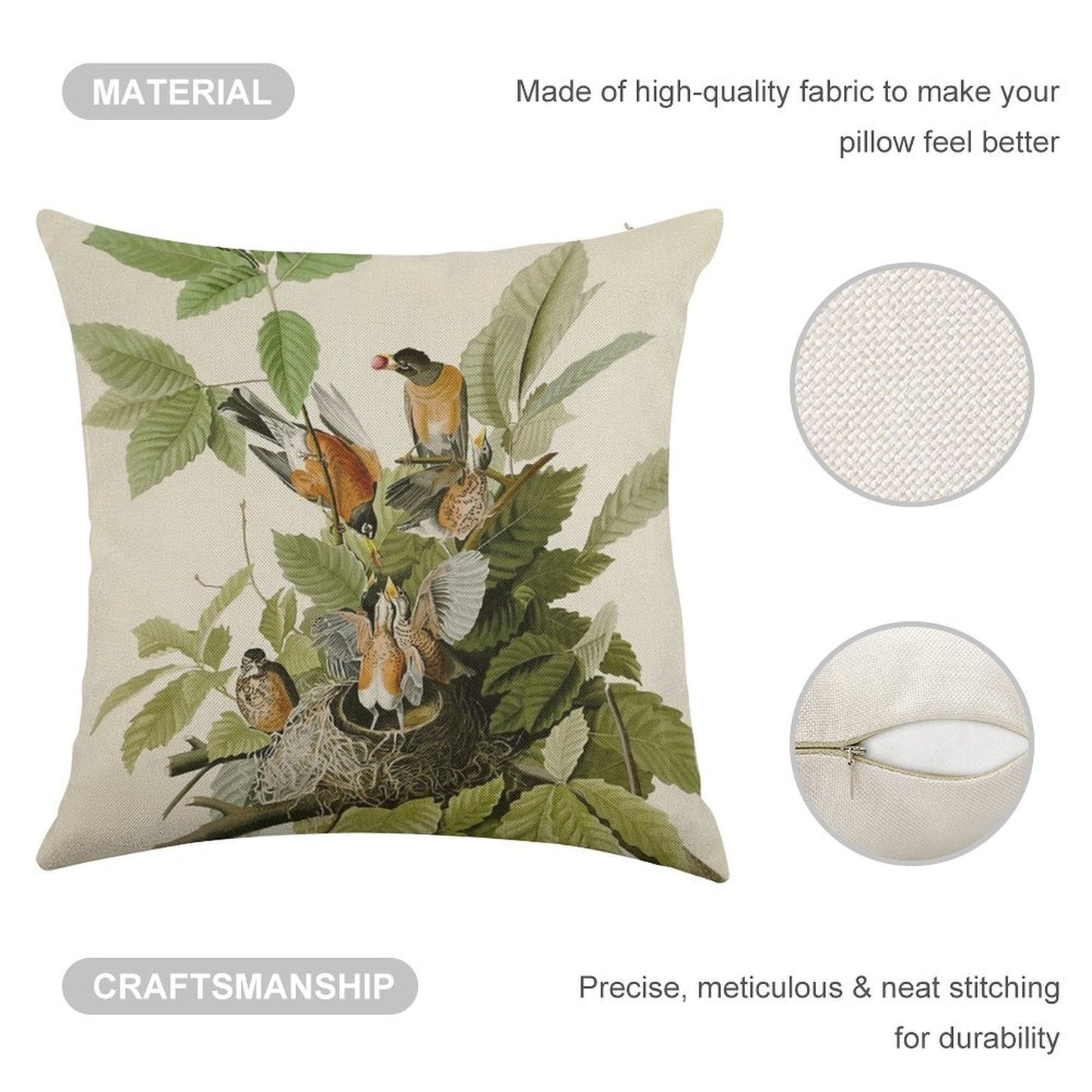American Robin - John James Audubon Birds of America Linen Throw Pillow Cover