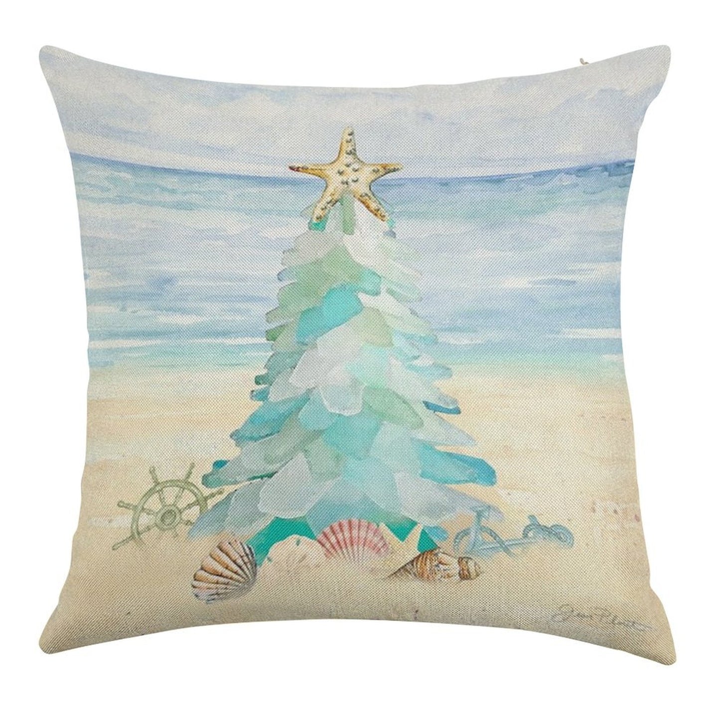 Coastal Seaglass Christmas Tree B Linen Throw Pillow Cover