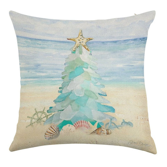Coastal Seaglass Christmas Tree B Linen Throw Pillow Cover