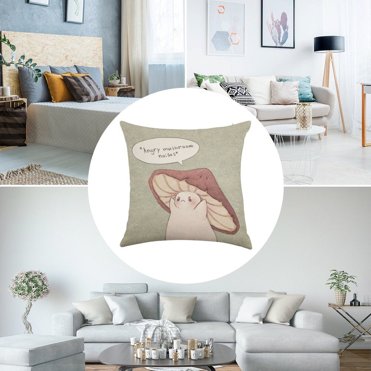 Grumpy Mushroom Linen Throw Pillow Cover