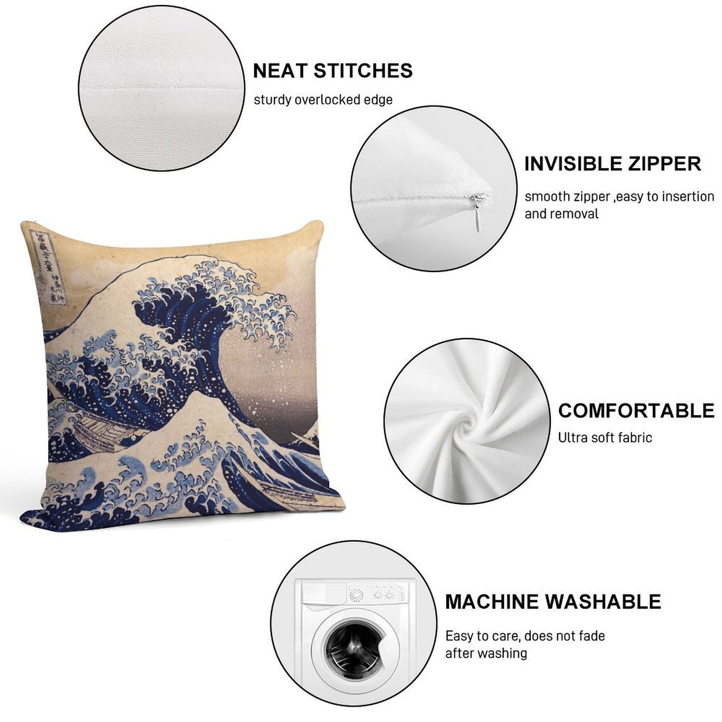 The Great Wave Off Kanagawa by Katsushika Hokusai (c 1830-1833) Soft Ultra-Soft Texture Throw Pillow