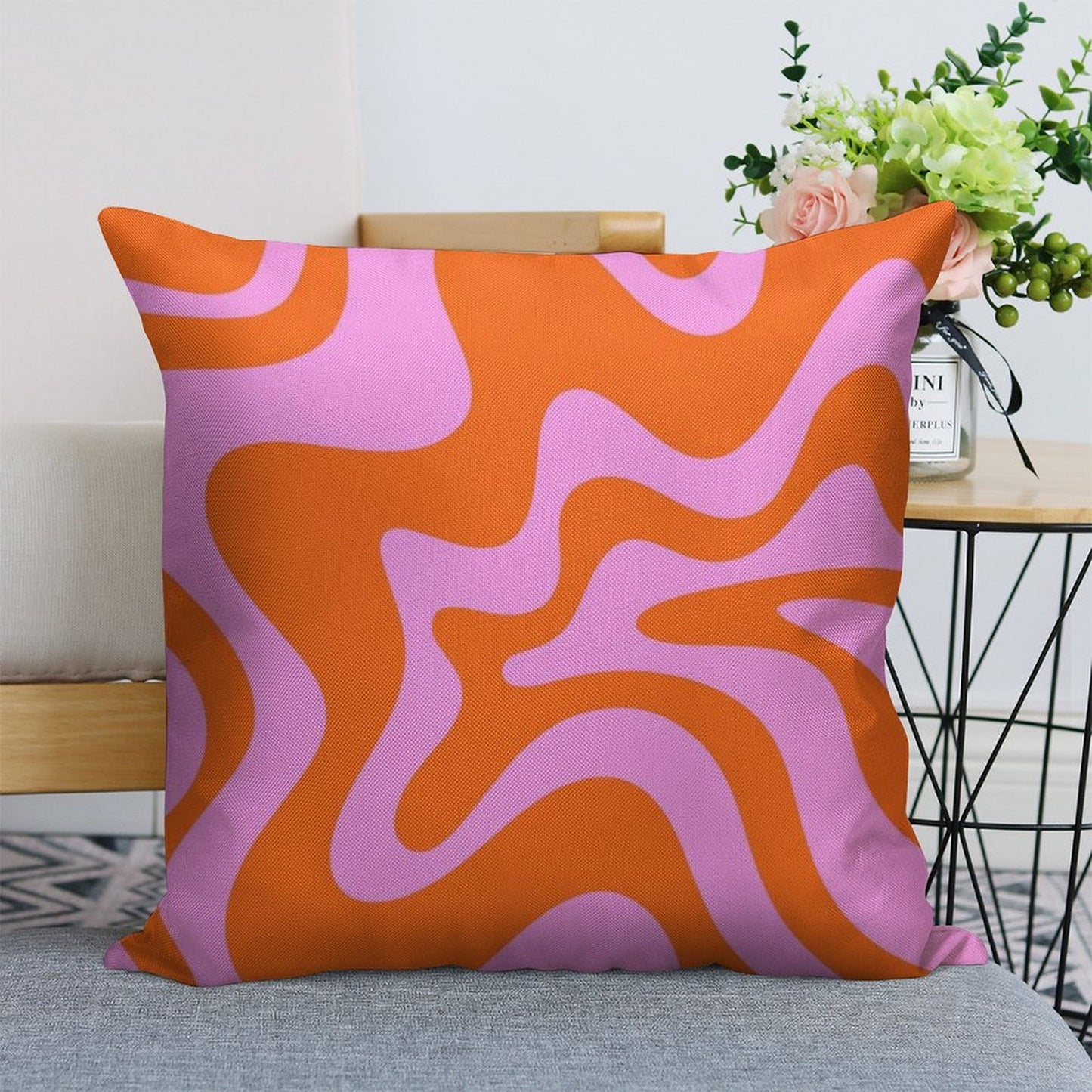 Retro Liquid Swirl Abstract Pattern Square in Hot Pink And Red-Orange Linen Throw Pillow Cover