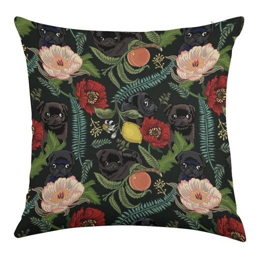 Botanical And Black Pugs Linen Throw Pillow Cover