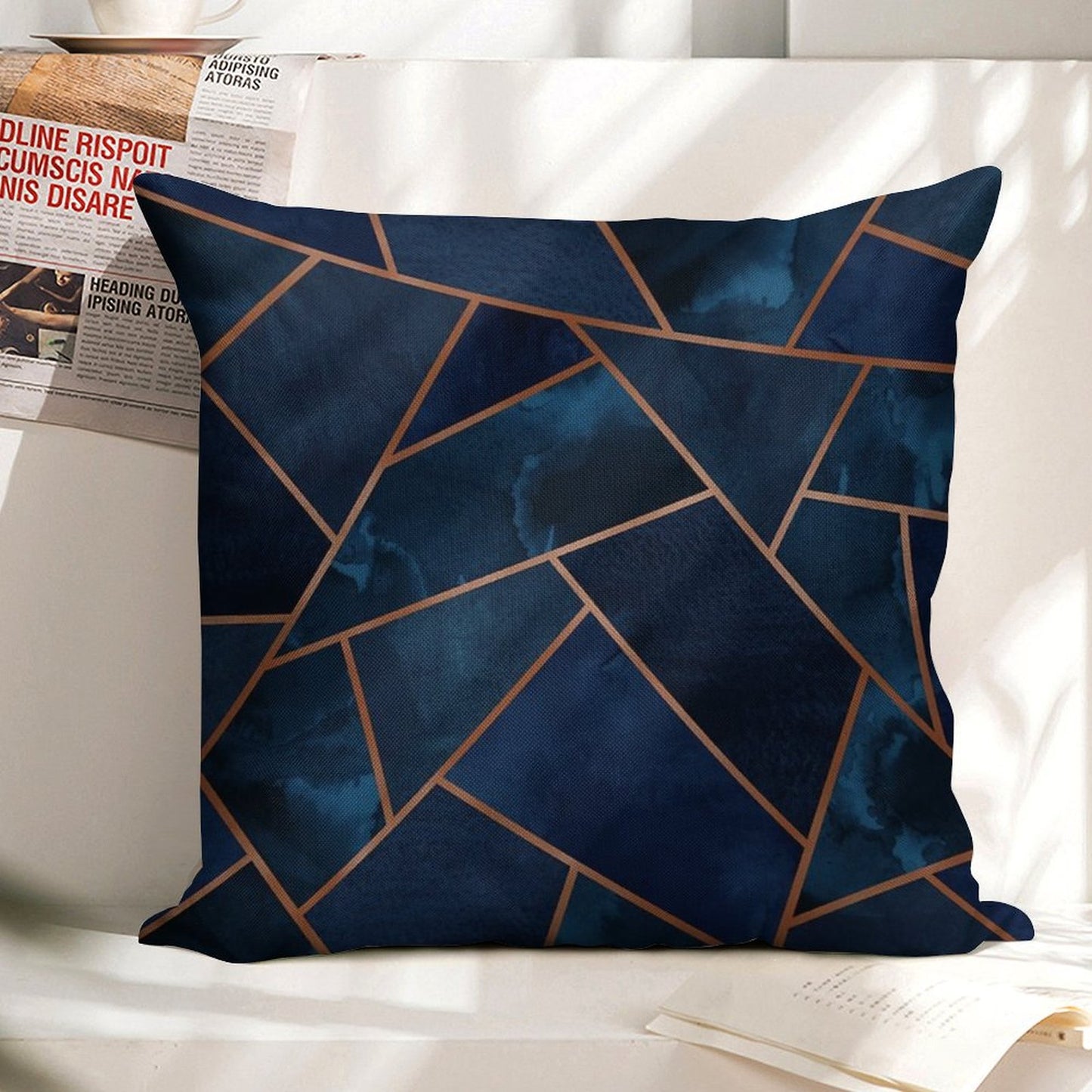 Navy & Copper Geo Linen Throw Pillow Cover