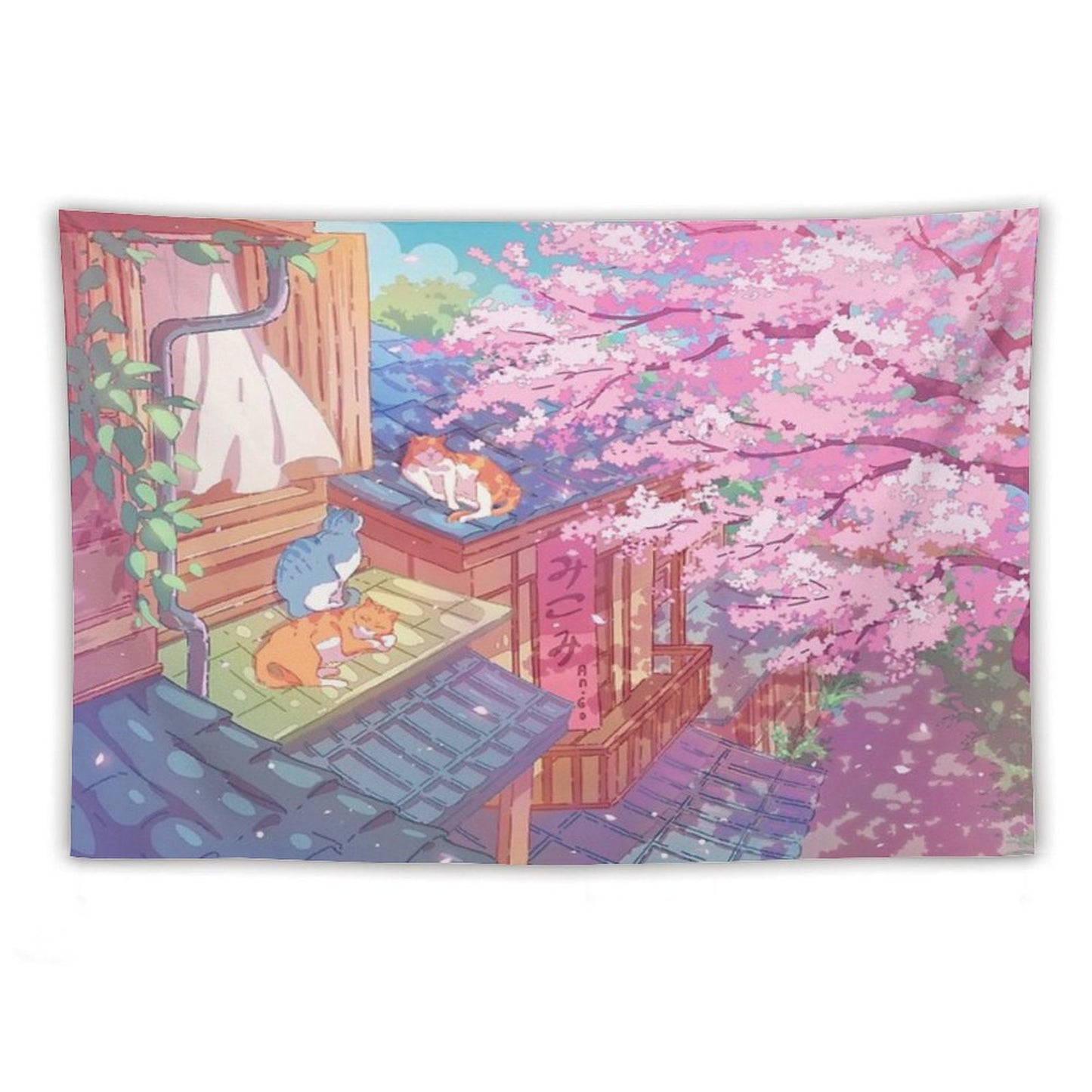 The Cute Cats, Rooftops, And Pink Cherry Blossom Tapestry