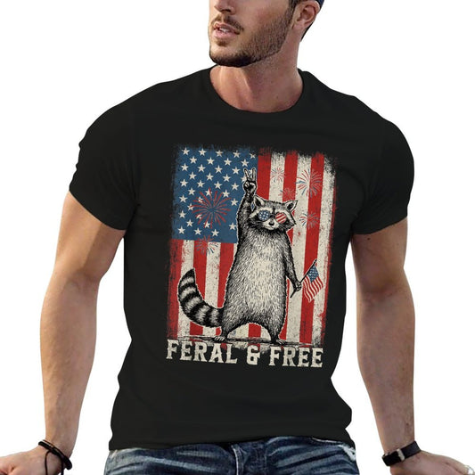 Feral But Free Raccoon July 4th Patriotic for Family Cotton T-Shirt