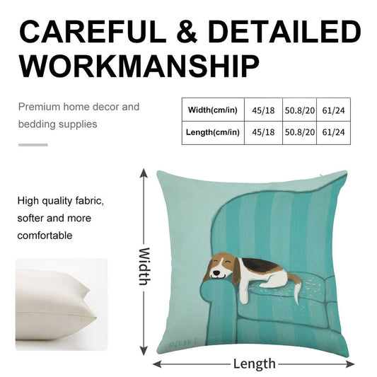 Happy Couch Dog  Cute Beagle Linen Throw Pillow Cover