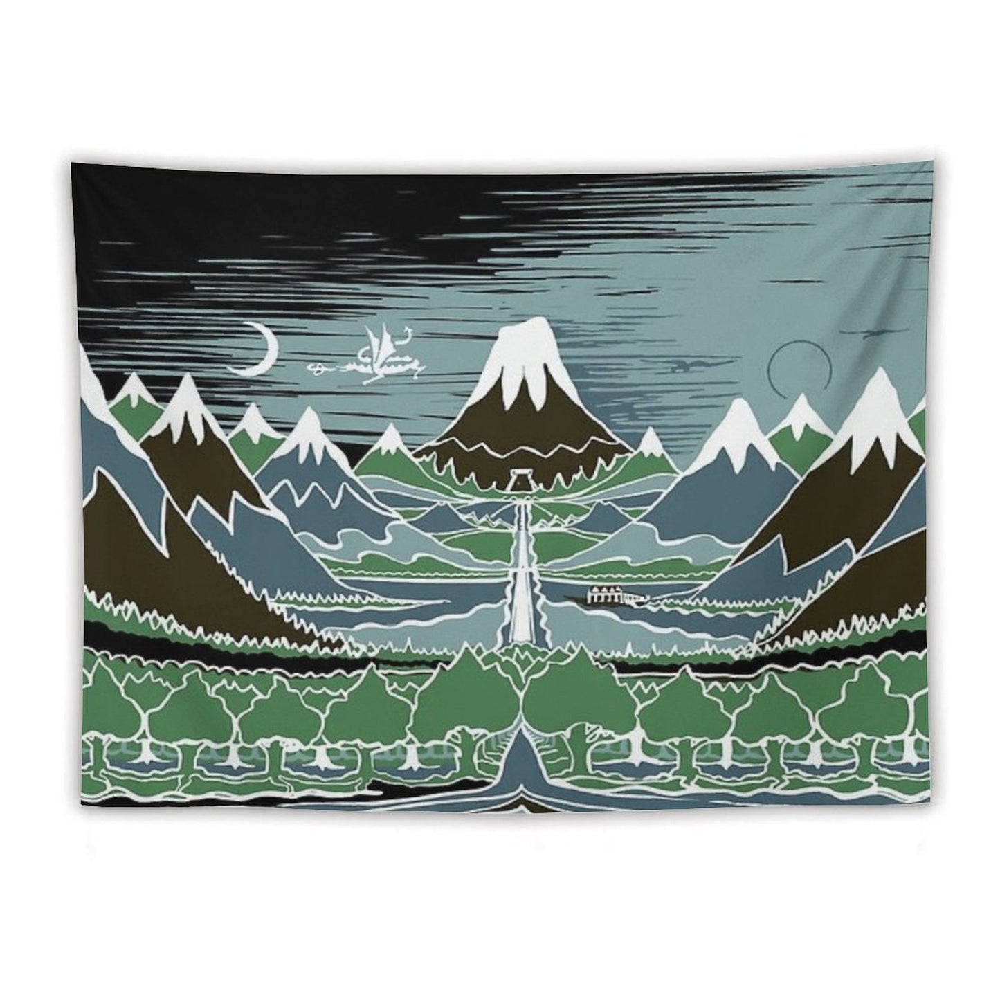 A Halflings Journey on A Mountain Path Through An Elven Wood in The Style of J.R.R.Tolkien Tapestry