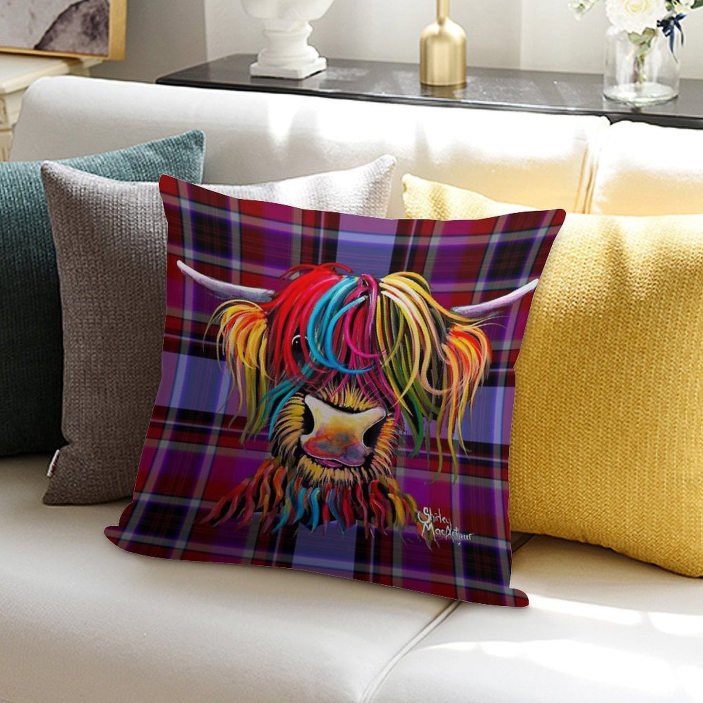 SCoTTiSH HiGHLaND CoW ' TaRTaN NeLLY P ' by SHiRLeY MacARTHuR Soft Anti-Pilling Throw Pillow