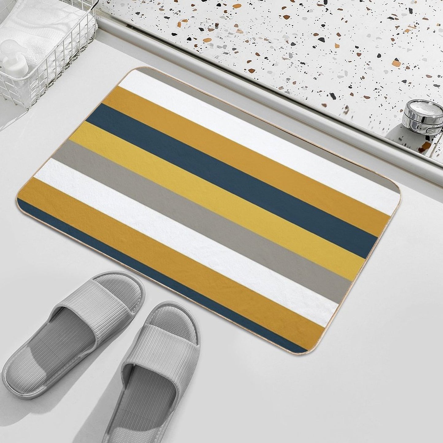 Broad Stripes Pattern in Light And Dark Mustard Yellow, Grey, White, And Navy Blue Bath Mat