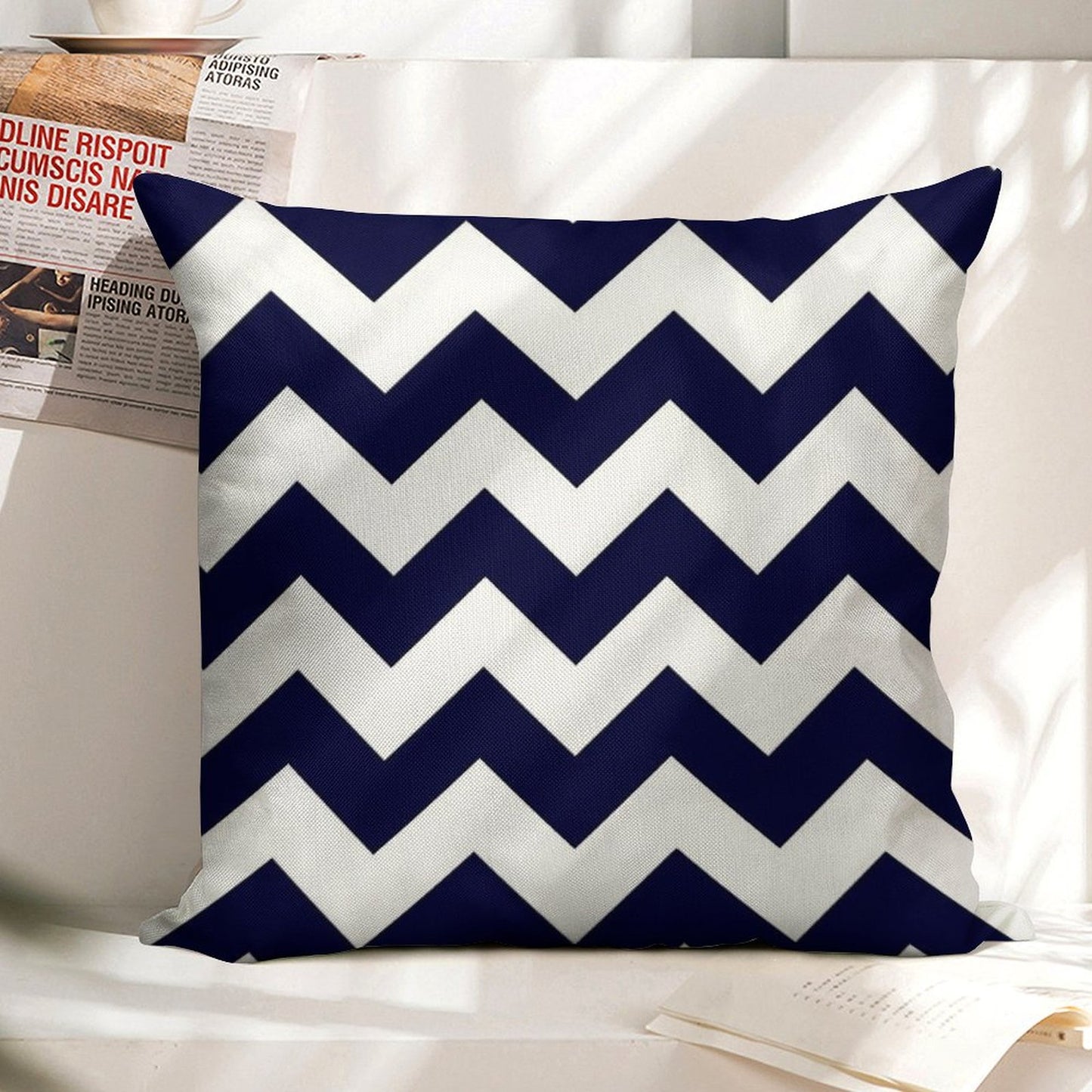 Navy Blue And White Chevron Stripes Linen Throw Pillow Cover