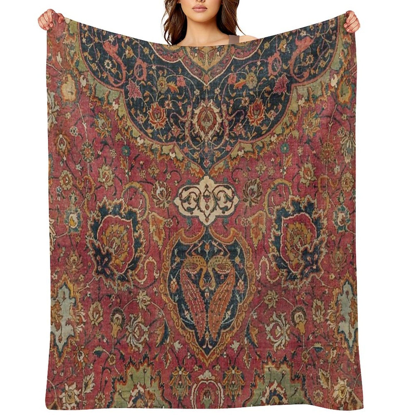 Persian Medallion Rug VIII 16th Century Distressed Red Green Blue Flowery Colorful Ornate Pattern Throw Blanket