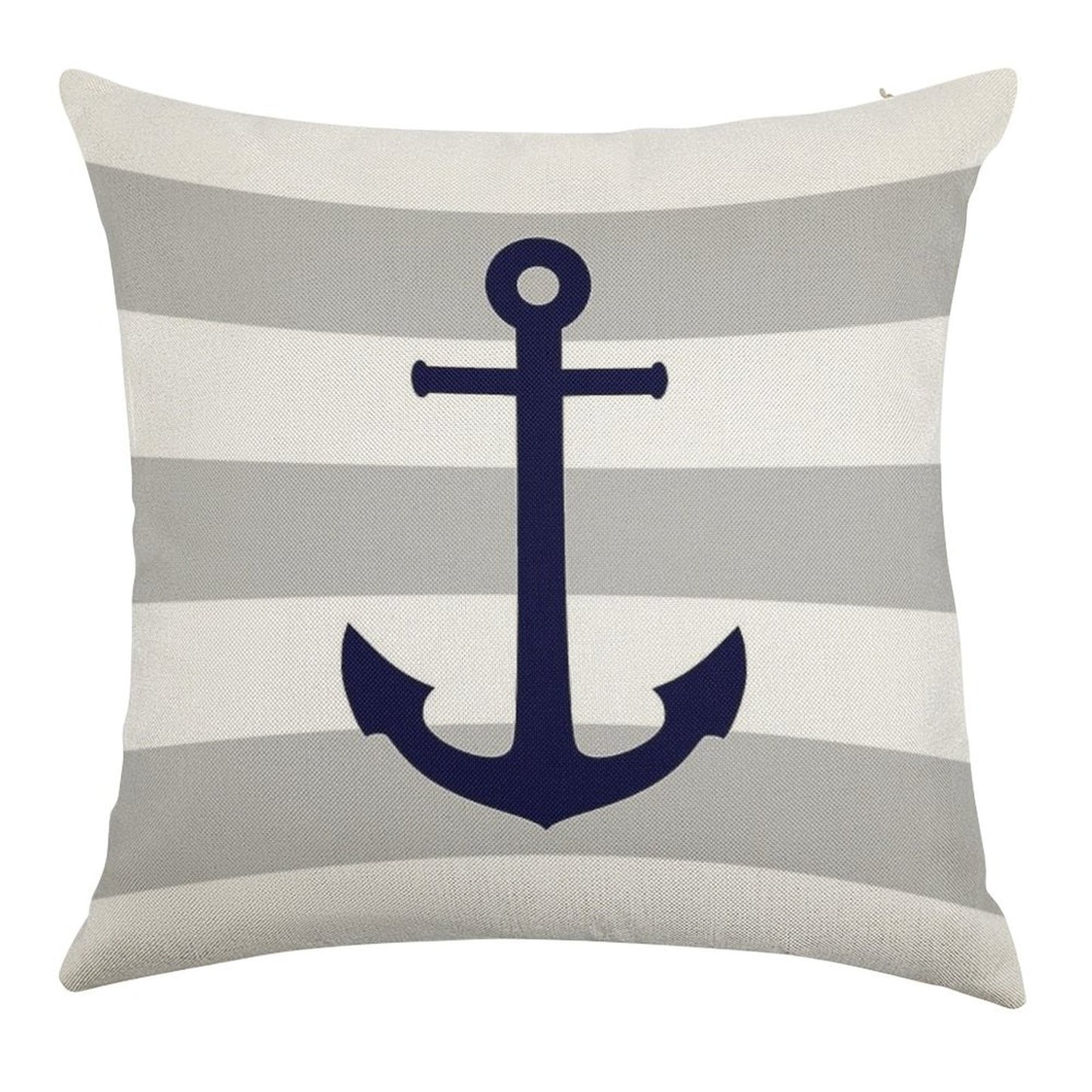 Nautical Navy Blue Anchor On Gray Stripes Linen Throw Pillow Cover