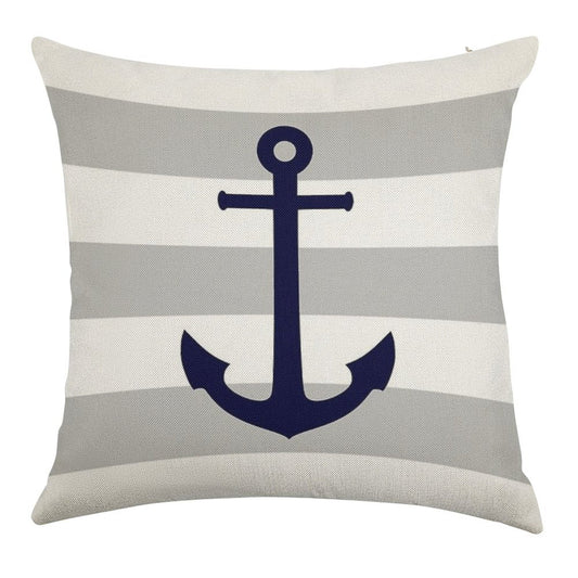 Nautical Navy Blue Anchor On Gray Stripes Linen Throw Pillow Cover