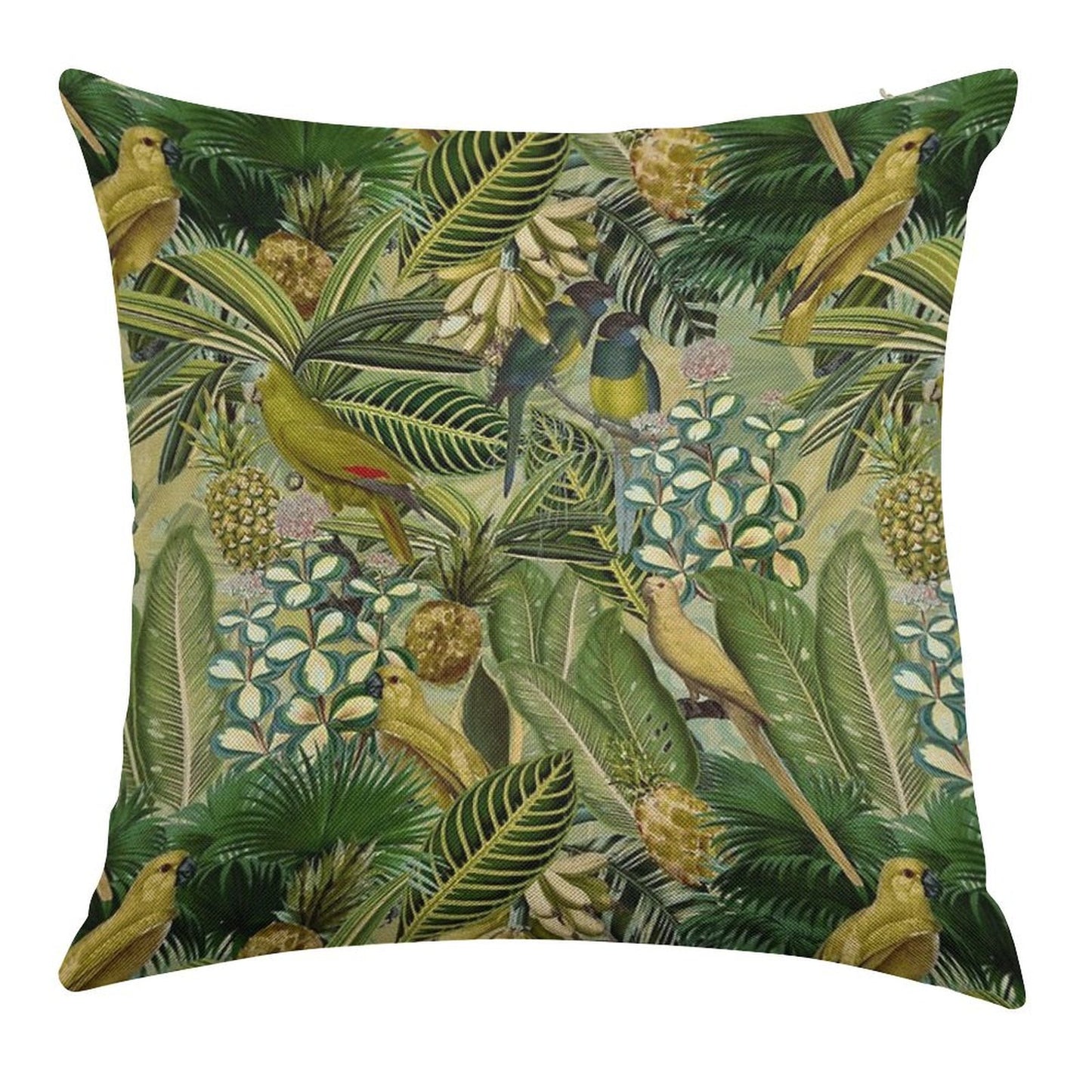 Vintage Green Tropical Bird Jungle Botanical Night Garden Nightgarden Linen Throw Pillow Cover