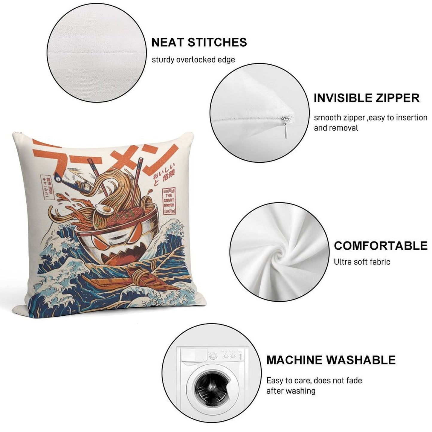 The Great Ramen Off Kanagawa Soft Shrink-Resistant Throw Pillow