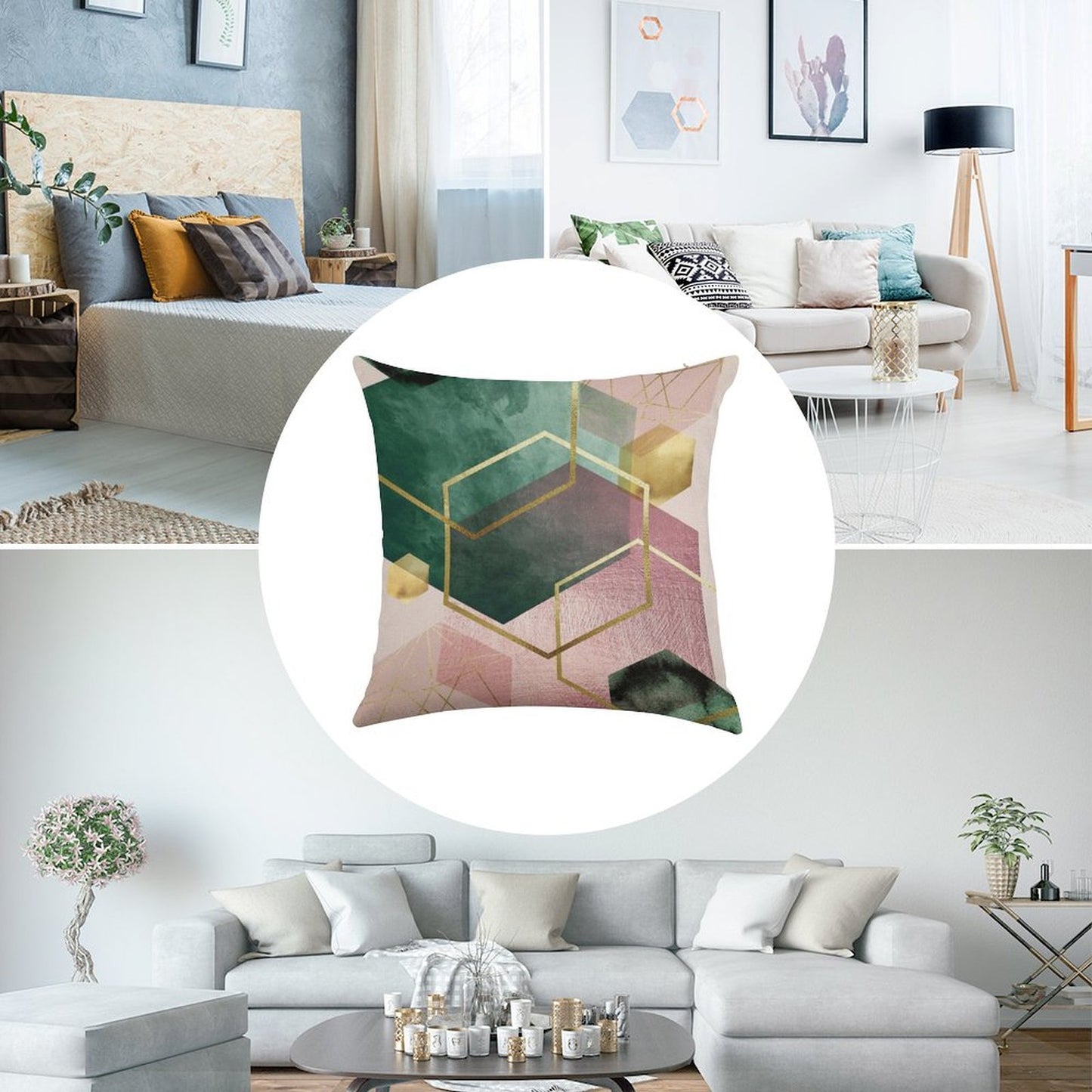 Emerald Green And Pink Geo No 1 Linen Throw Pillow Cover