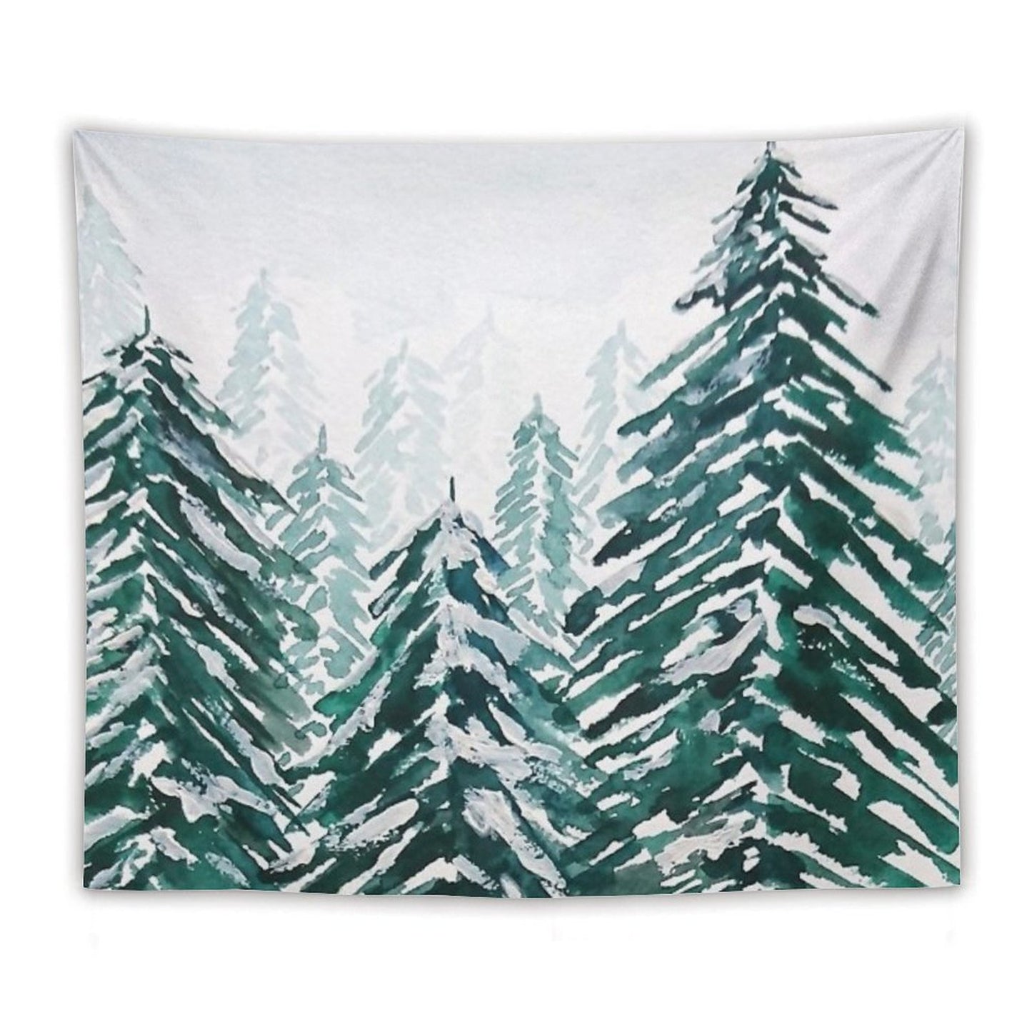 Hand Painted Snowy Pine Forest Green Tapestry