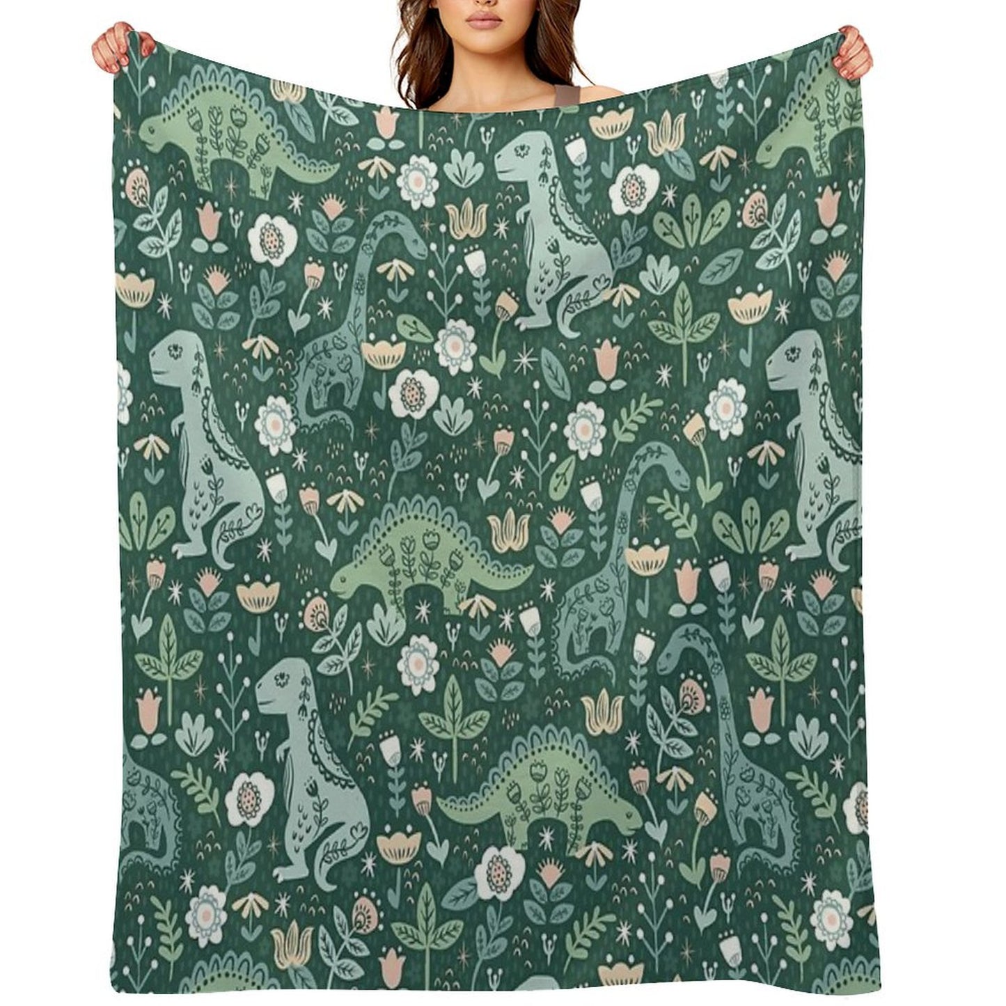 Folk Floral Dinosaur Throw Blanket