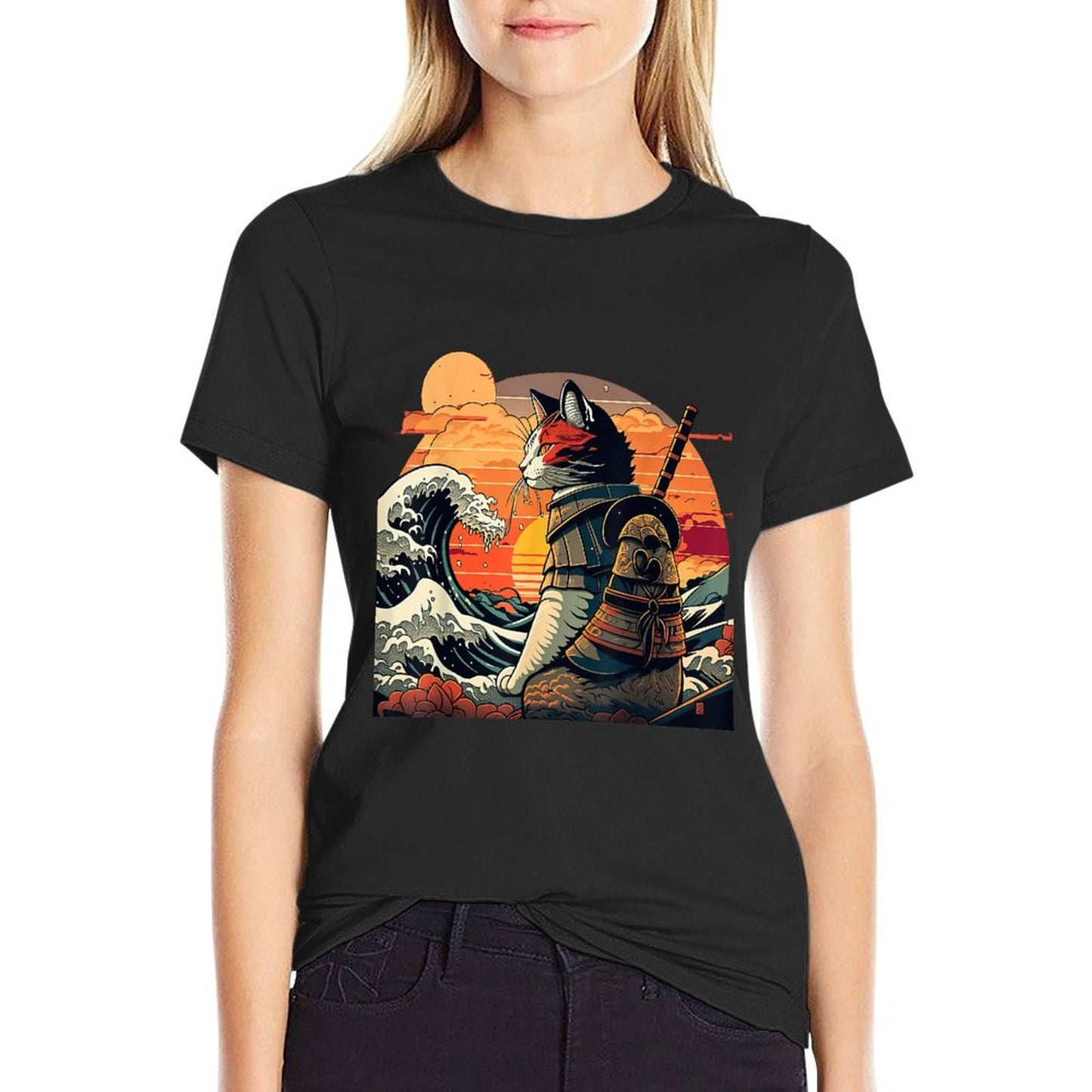 Japanese Retro Samurai Cat The Great Wave by Hokusai T-Shirt