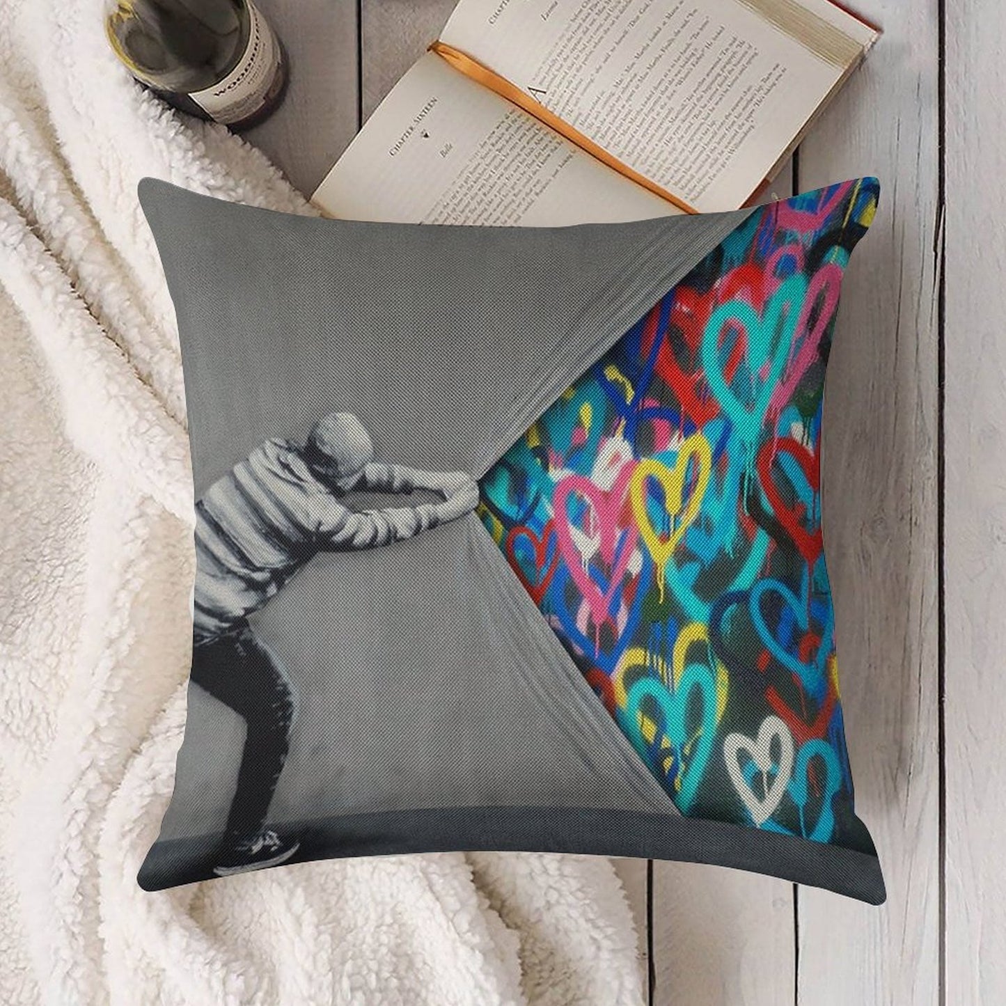 Behind The Curtain Graffiti Hearts Spray Paint Art Linen Throw Pillow Cover