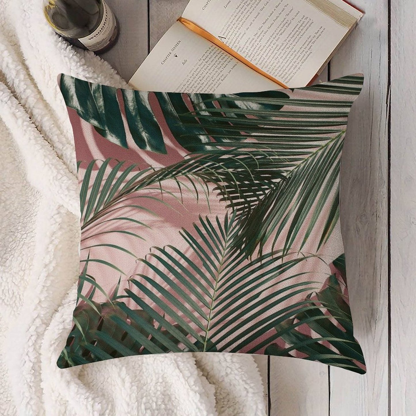 Pink Tropical Leaves Linen Throw Pillow Cover