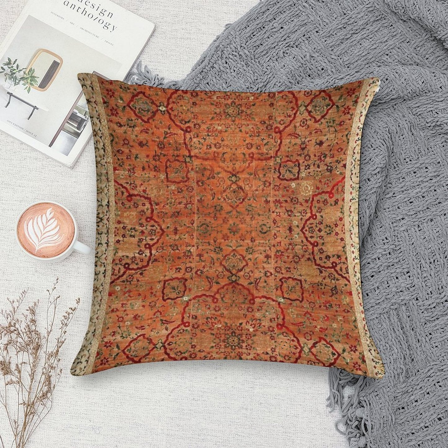 17th Century Velvet And Silk Carpet Print Soft Decorative Cover Throw Pillow