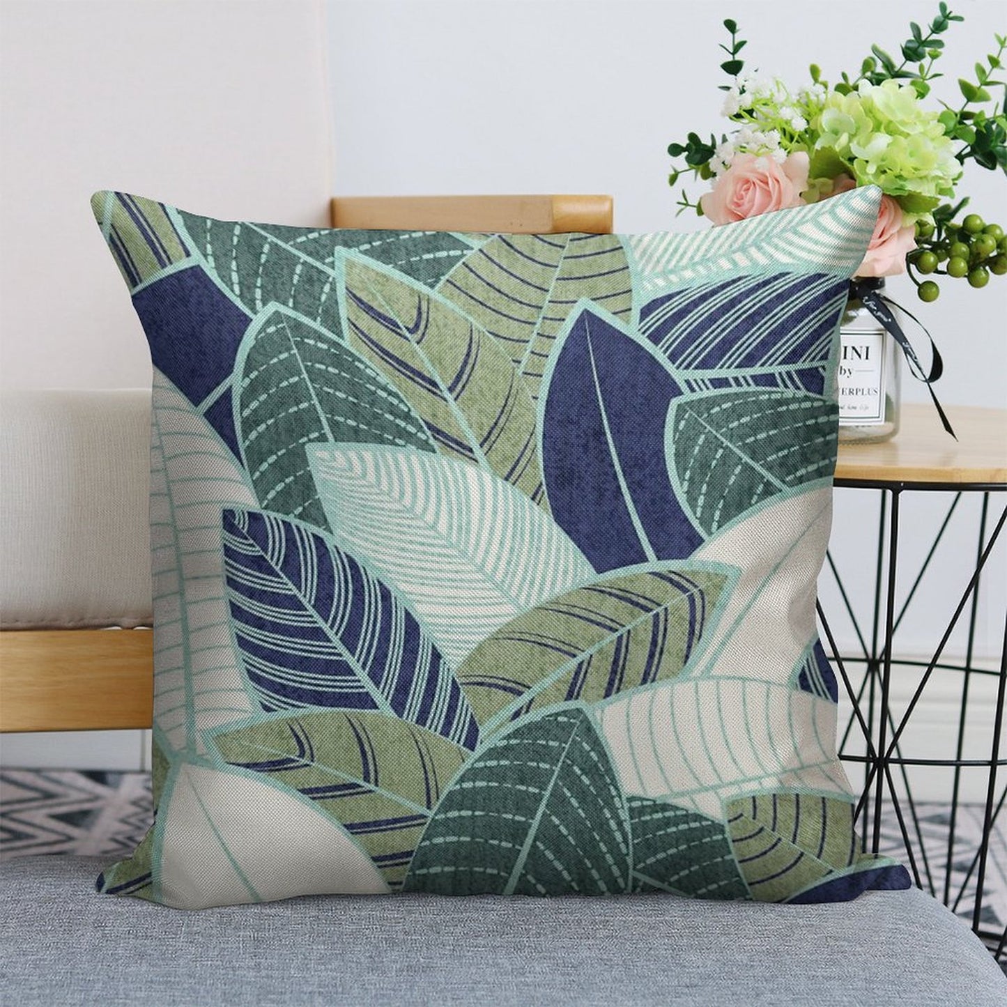 Leaf Wall Navy Blue Pine And Sage Green Leaves Mint Lines Linen Throw Pillow Cover