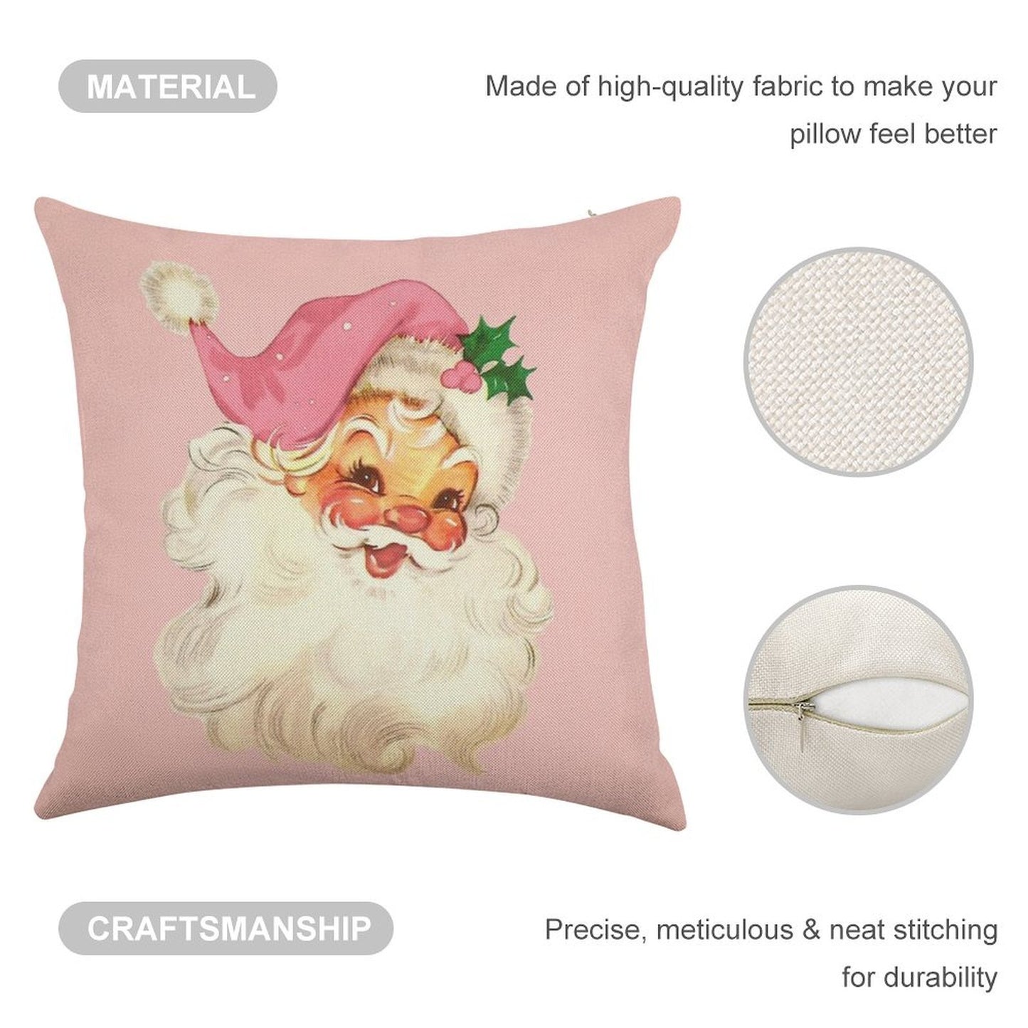 Retro Santa Claus Pink Linen Throw Pillow Cover