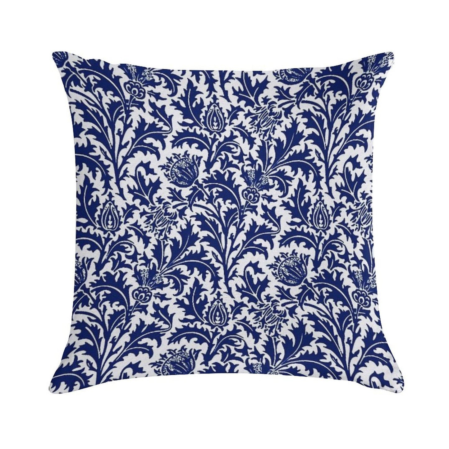 William Morris Thistle Damask, Navy Blue And White Soft Reinforced Edging Throw Pillow