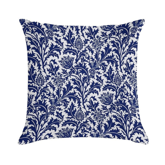 William Morris Thistle Damask, Navy Blue And White Soft Reinforced Edging Throw Pillow