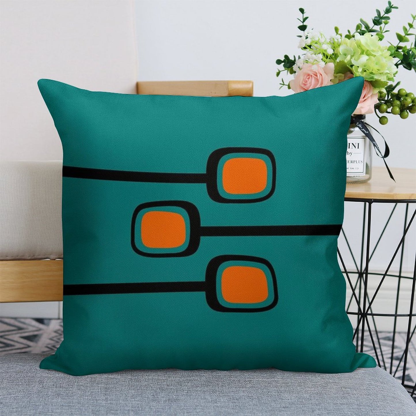 Retro Branches Black And Orange on Teal Mid Century Modern Print Linen Throw Pillow Cover