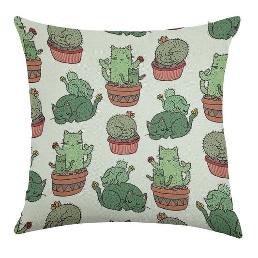 Cactus Cats Linen Throw Pillow Cover