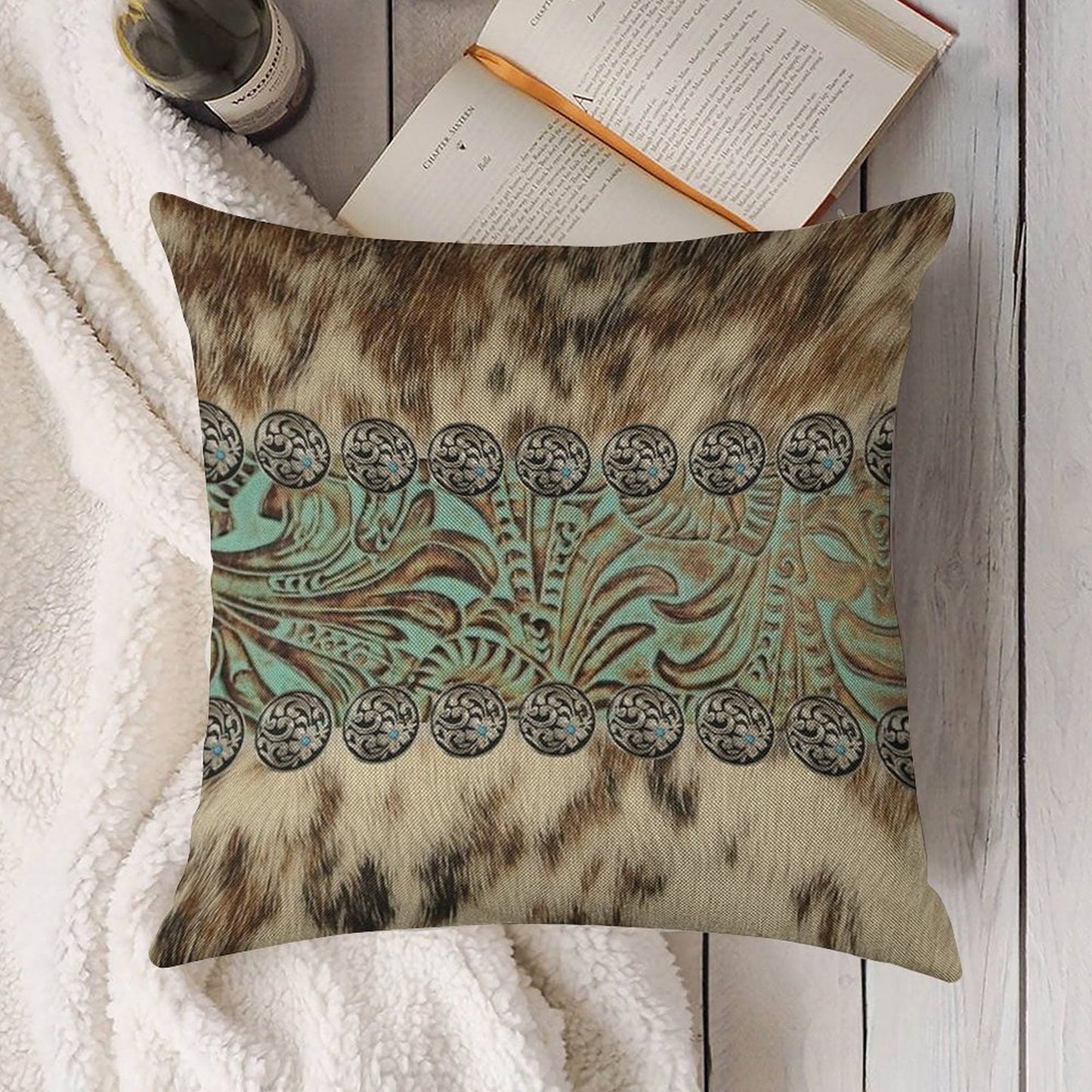 Rustic Brown Beige Teal Western Country Cowboy Fashion Linen Throw Pillow Cover