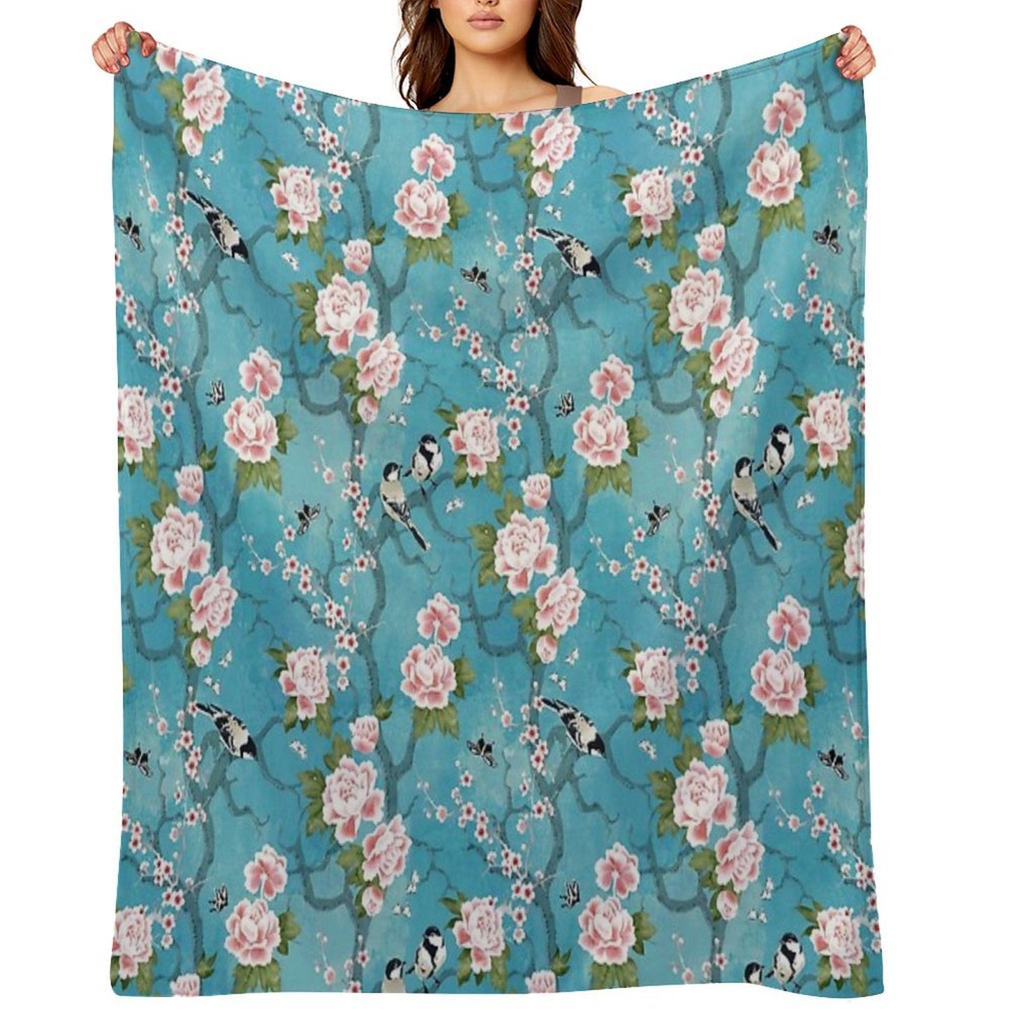 Chinoiserie Birds in Turquoise Blue Throw Blanket