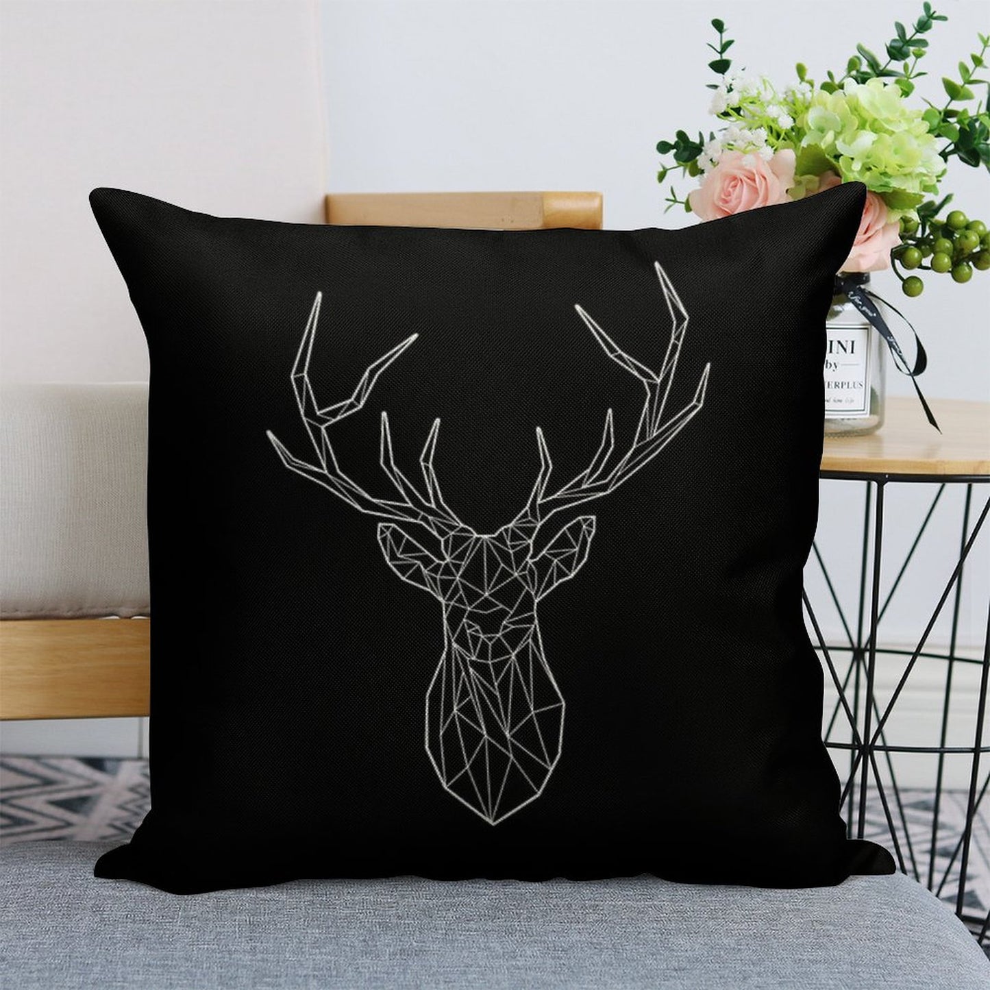 Geometric Stag - BLACK Linen Throw Pillow Cover