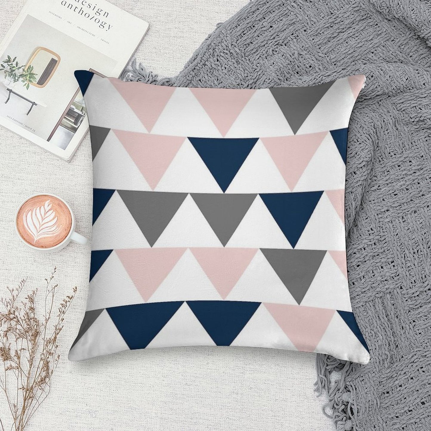 Arrows in Navy Blue, Charcoal Grey, And Blush Pink on White. Minimalist Geometric Contemporary Design Soft High-Density Material Throw Pillow