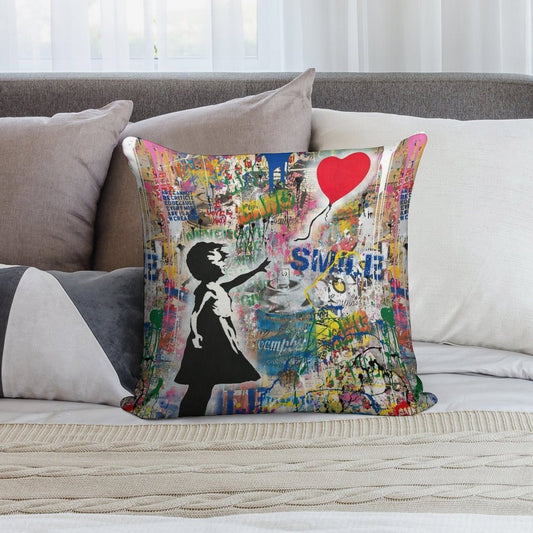 Balloon Girl Street Art Mashup Soft Anti-Pilling Throw Pillow